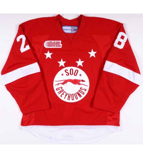 Custom OHL Sault Ste Marie Soo Greyhounds 2013 14 28 Sergey Tolchinsky Hockey Jersey Road Red